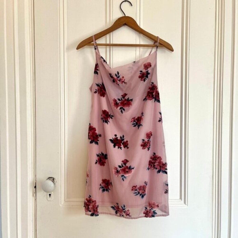 American Eagle Pink Chiffon Velvet Floral Cowl Neck Slip‎ Mini Dress Size S